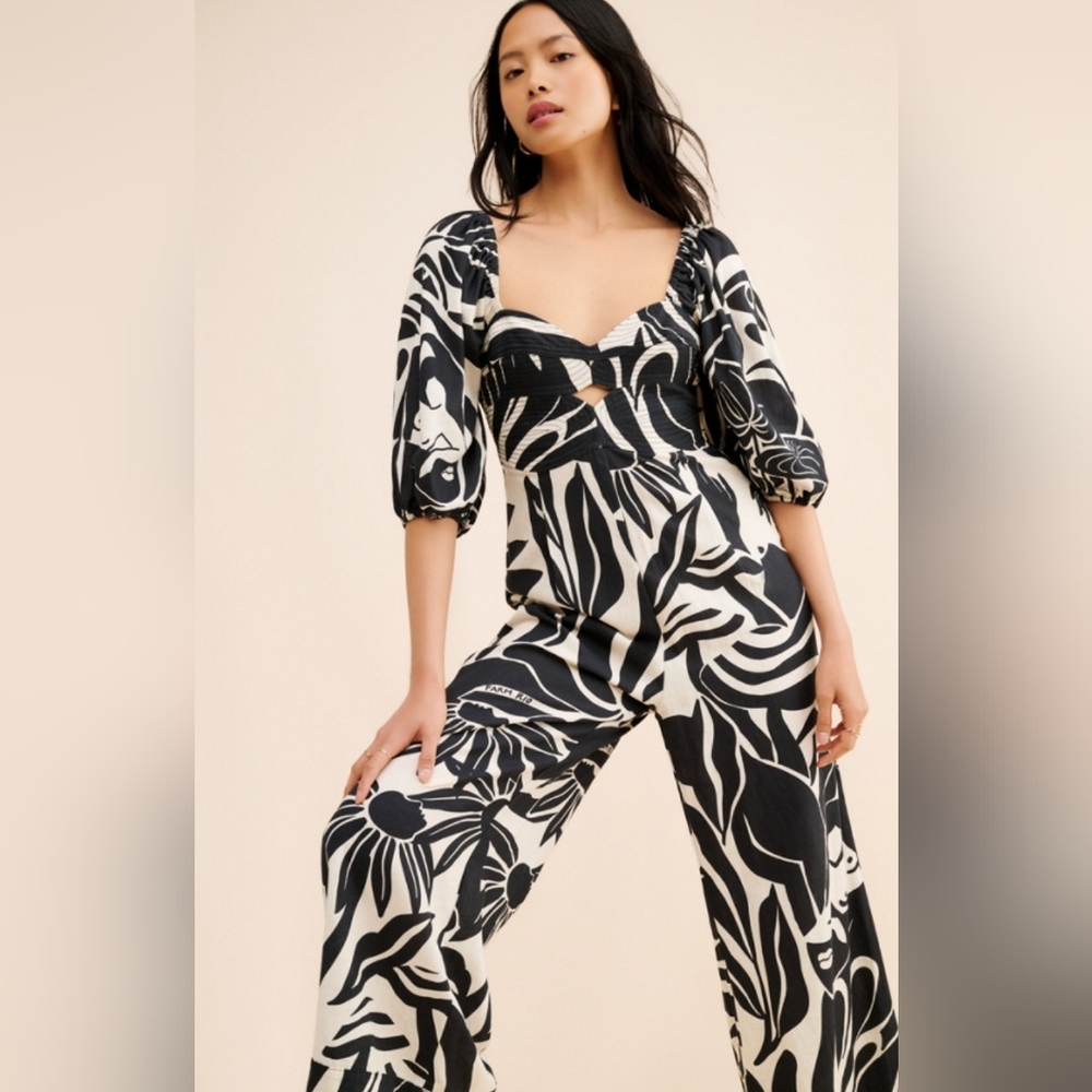 Farm Rio x Anthropologie size medium Puff-Sleeve Printed Linen Jumpsuit